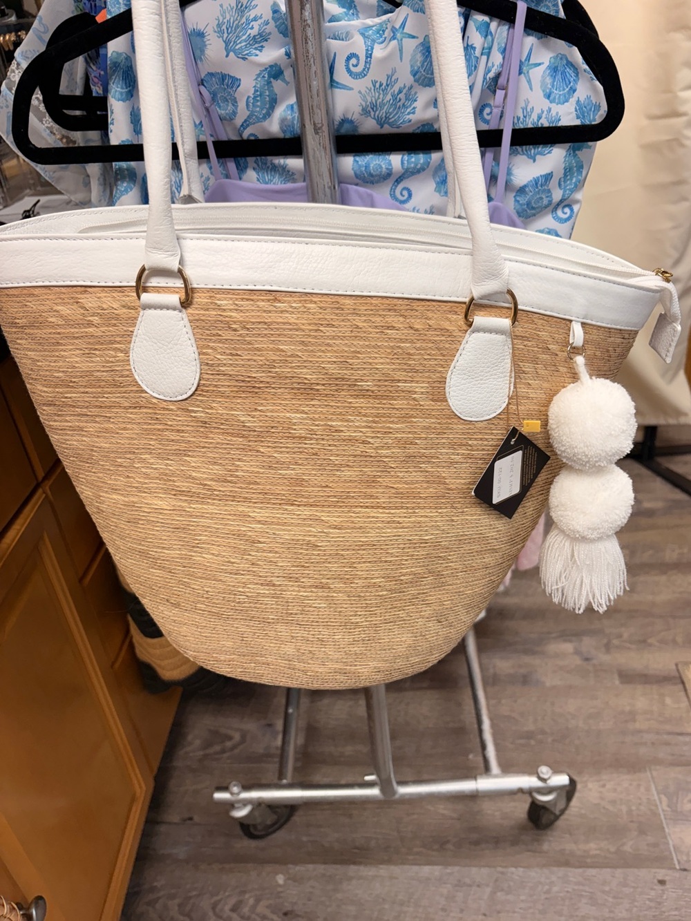 White leather Trim Straw Tote Bag - fully zips with Pom Pom Charm